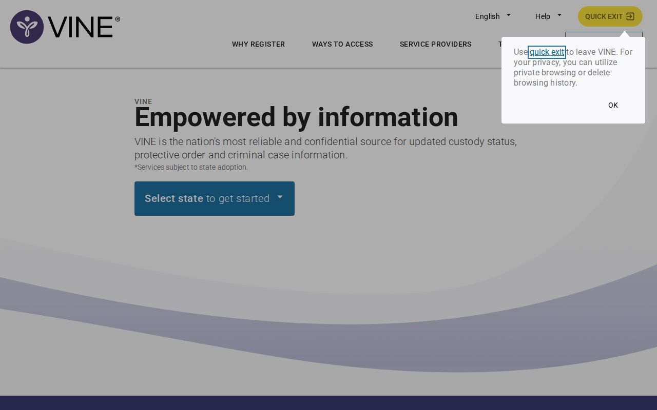 VINELink alert registration screen for Union County custody notifications
